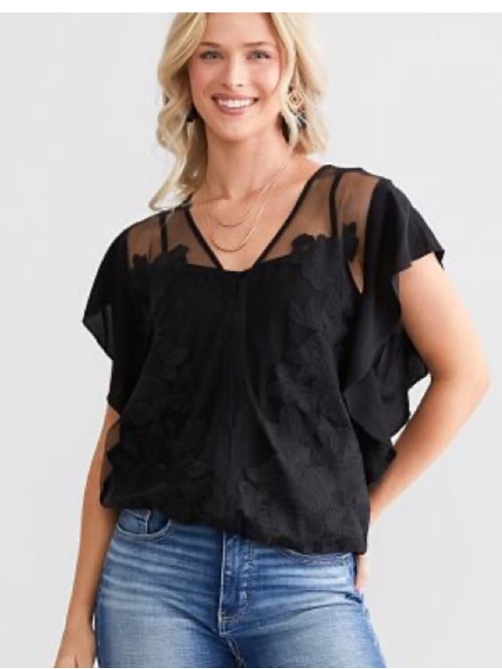 Black Sheer Top Size Medium Floral Flutter Sleeve Dark Fairy Romantic Feminine